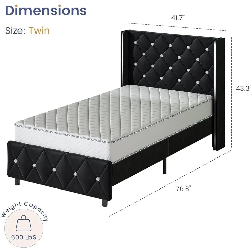 Diamond-Studded Velvet Full-Size Bed with Wingback Headboard, Wooden Slat Support, No Box Spring Needed, Easy Assembly