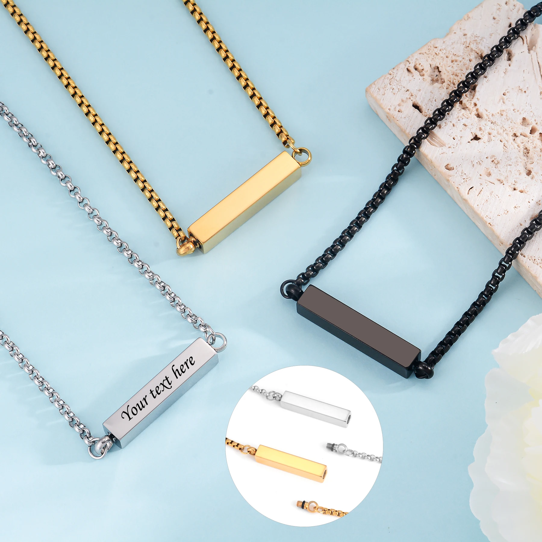 3 cores de aço inoxidável barra cúbica recipiente urna memorial pingente colar memorial cinzas lembrança cremação jóias