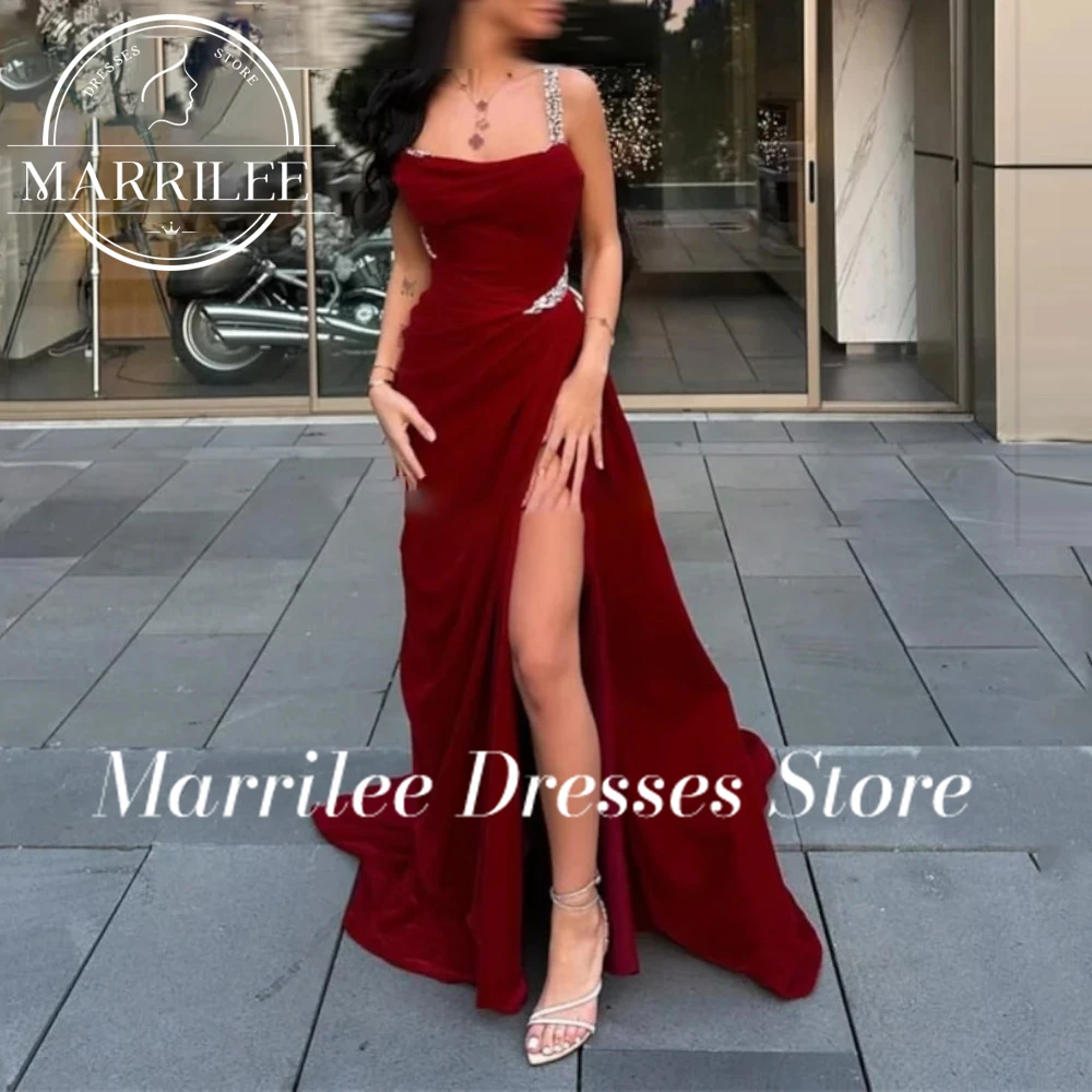 Marrilee Charming Red Shiny sparkling Rhinestone Bridesmaid Dresses Sexy Spaghetti Strap Sleeveless High Side Slit Evening Dress