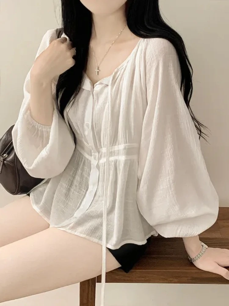 

Korobov Korean Chic V Neck Flare Sleeve Casual Loose Single Breasted Drawstring All Match Women Shirt