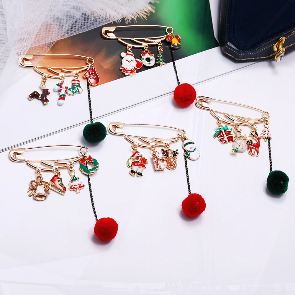 tree snowman safety Pins Hairball tassels Pines for Women New Year Jewelry Christmas Pin Brooch Santa Claus bell Elk reindeer