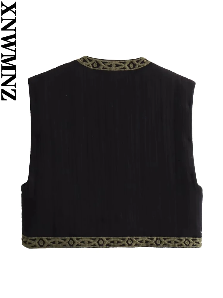 XNWMNZ Women\'s Fashion 2023 Contrast Embroidered Crop Waistcoat Women Retro O Neck Sleeveless Versatile Female Vest