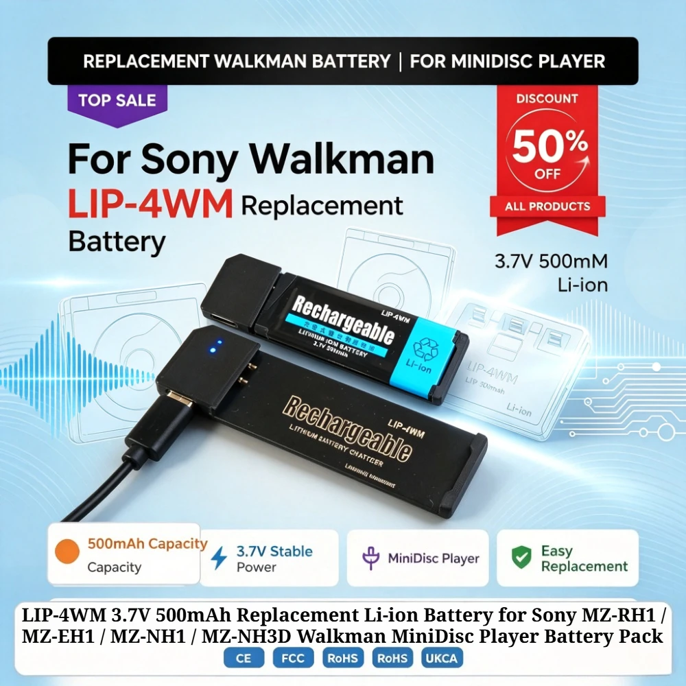 LIP-4WM 3.7V 500mAh Replacement Li-ion Battery for Sony MZ-RH1 / MZ-EH1 / MZ-NH1 / MZ-NH3D Walkman MiniDisc Player Battery Pack