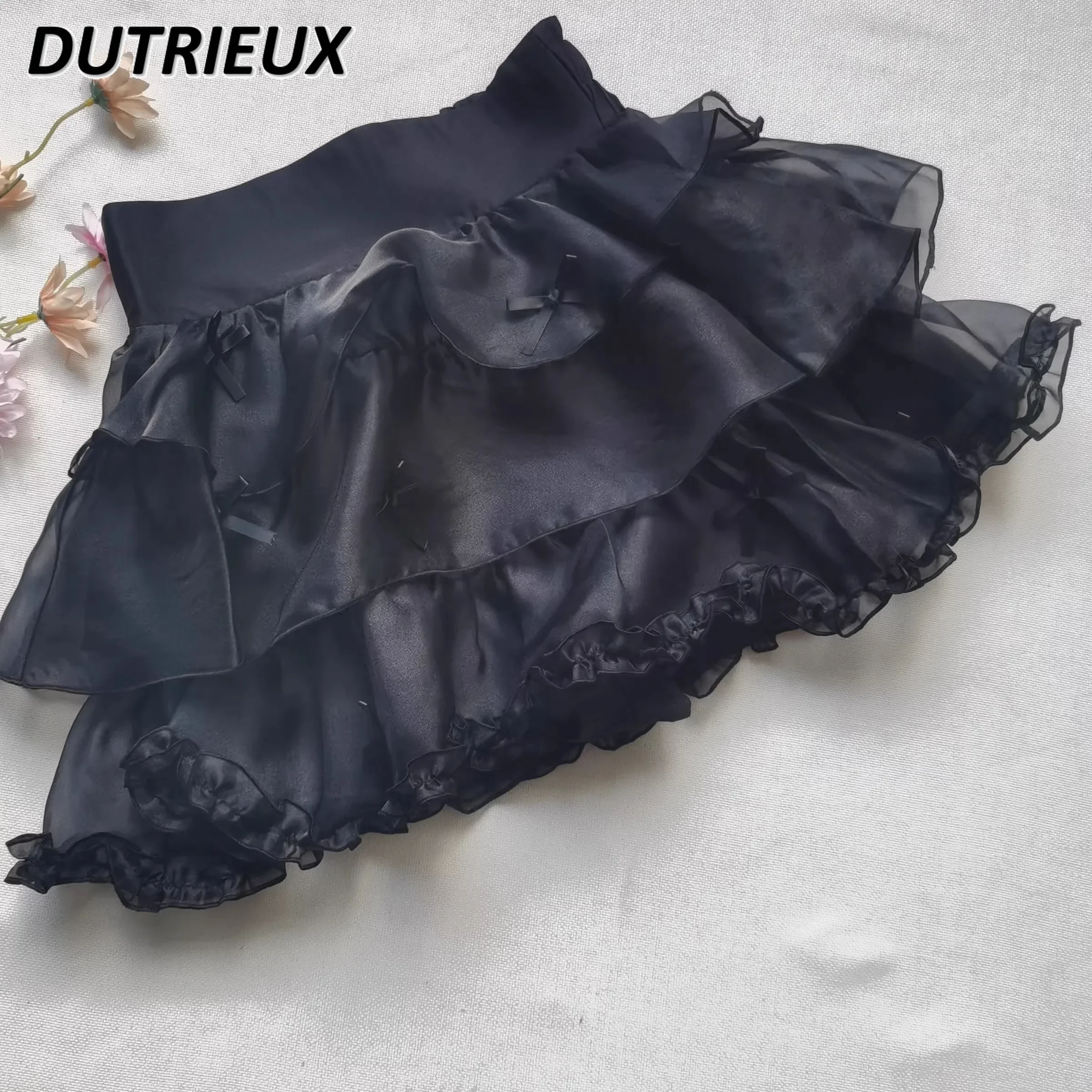 สไตล์ญี่ปุ่นสินค้าใหม่สาวหวานและน่ารักโบว์ Organza PUFFY MINI กระโปรงสีทึบเอวยางยืดเค้กกระโปรงสั้น