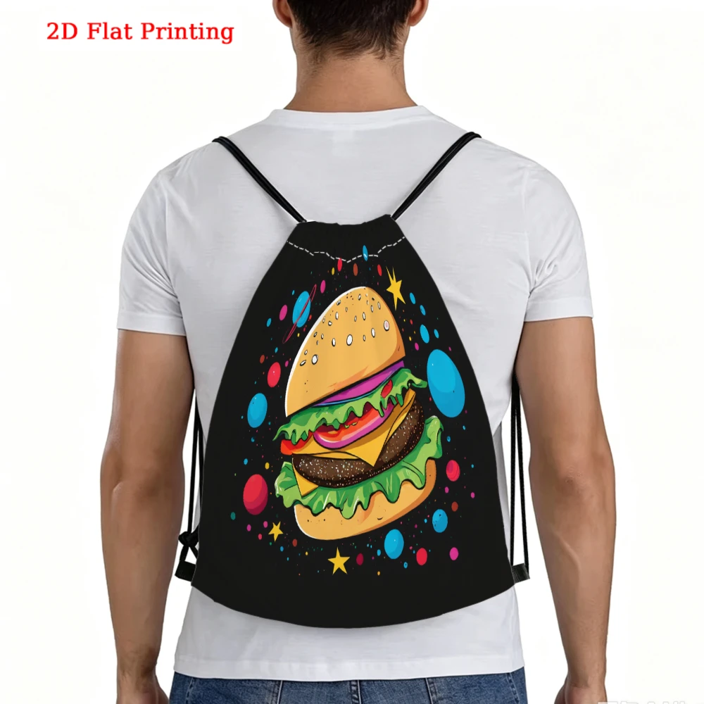 Casual Style, Drawstring Backpack, 2D Flat Printing Burger Pattern, Fitness Sports Bag, Outdoor Travel Drawstring Pack