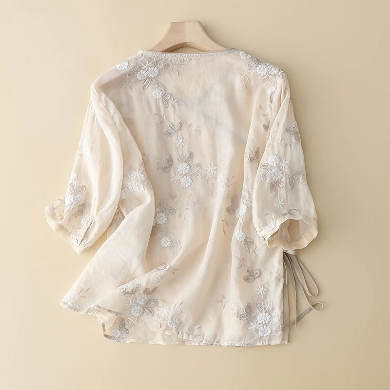 Chemisier imprimé style chinois pour femmes, blouse vintage, haut en coton et lin, à manches courtes, à fleurs, nouvelle collection été