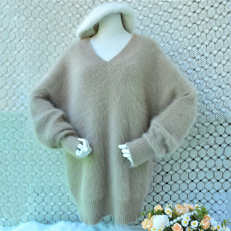 Women Autumn Winter Thick Warm Hairy Angora Rabbit Fur Knitted V-Neck Long Sleeves Loose Pullover Mink Fur Sweater Jumper Pull
