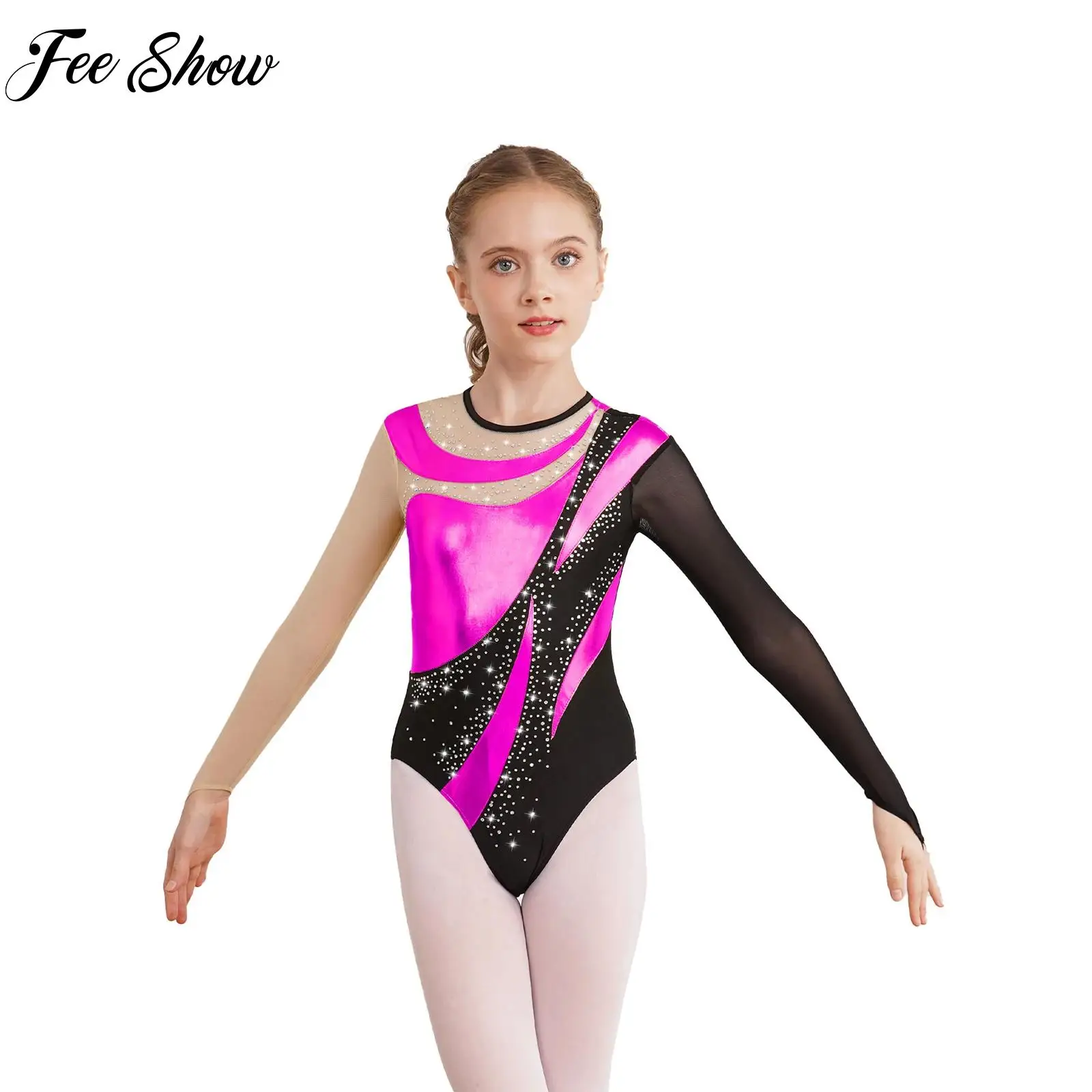 Dancewear Kids Girl Gymnastics Jumpsuit Long Sleeve Ballet Dance Leotard Shiny Figure Skating Costume Exercise Yoga Bodysuit