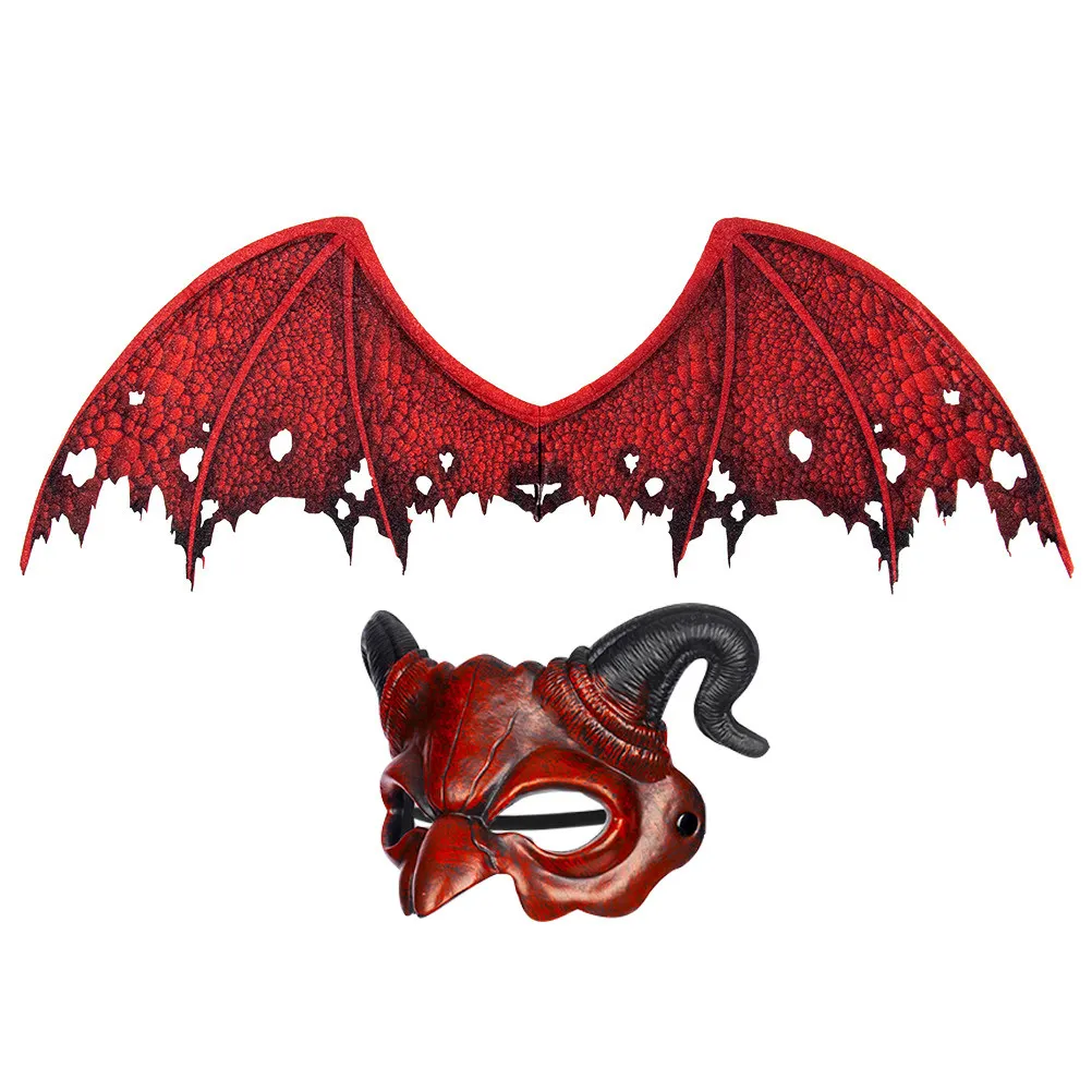 1Set Devil Wing and Mask Set Halloween Costume Prop Bright Fade Resistant Non Woven Fabric Demon Wings Mask for Adults