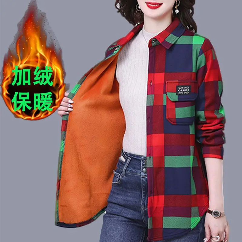 Add Velvet Plaid Shirt Female Fashion Spring Autumn Winter Warm Bottom Shirt Women\'s Loose Long Sleeved Shirt Jacket Tops