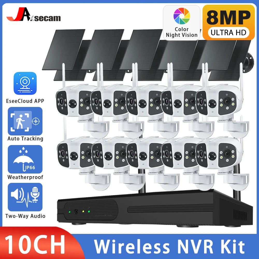 4K 8MP WiFi Dual Panels Solar Panel Battery System Fixed 180° Wide Angle Panorama Camera 10CH NVR Kit Video Surveillance System