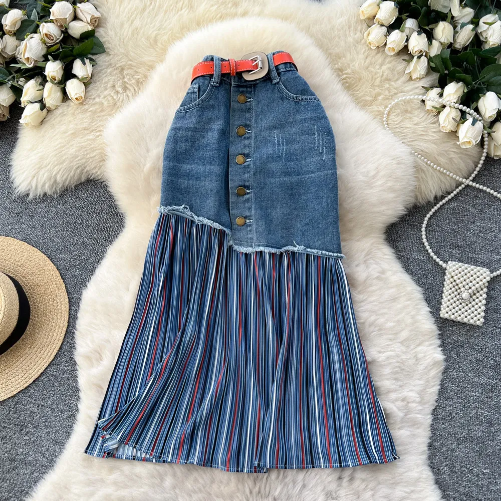 Korean OL Office High Waist Slimming A-Line Denim Skirt Splicing Striped Contrasting Design for Women