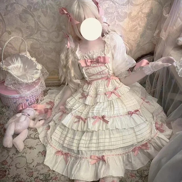 Letnia japońska Lolita JSK sukienka słodka Lolita z paskiem sukienki damskie talie Contrast Bow JSK kobiety koronkowa sukienka Loli Kawaii