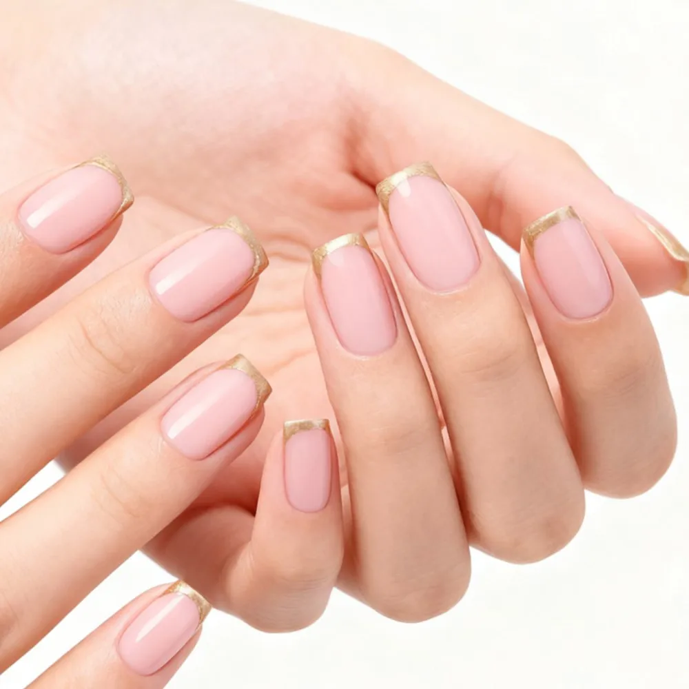 

Natural Glod French Press On Fake Nails Acrylic Long Square False Nail Tips With Glue DIY Woman Finger Manicure Accessories