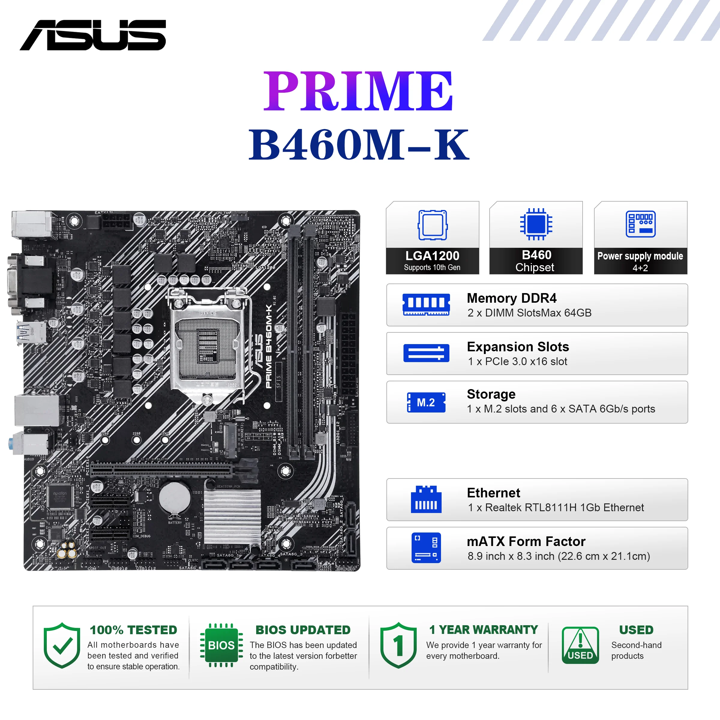 Placa base ASUS PRIME B460M-K Intel Socket LGA1200 CPU DDR4 2933MHz Chipset de memoria B460 mATX placa base