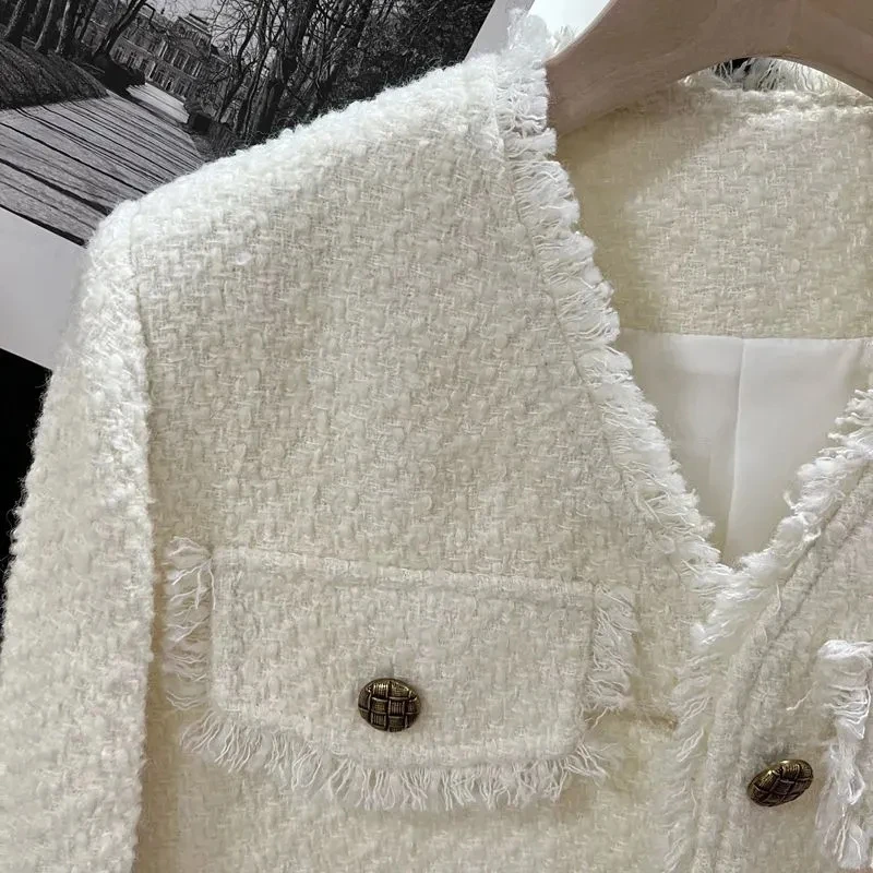 2023 nuovo autunno coreano signore corto scollo a v giacca di Tweed donna Slim tutto-fiammifero manica lunga Casual femminile cappotto capispalla top bianchi