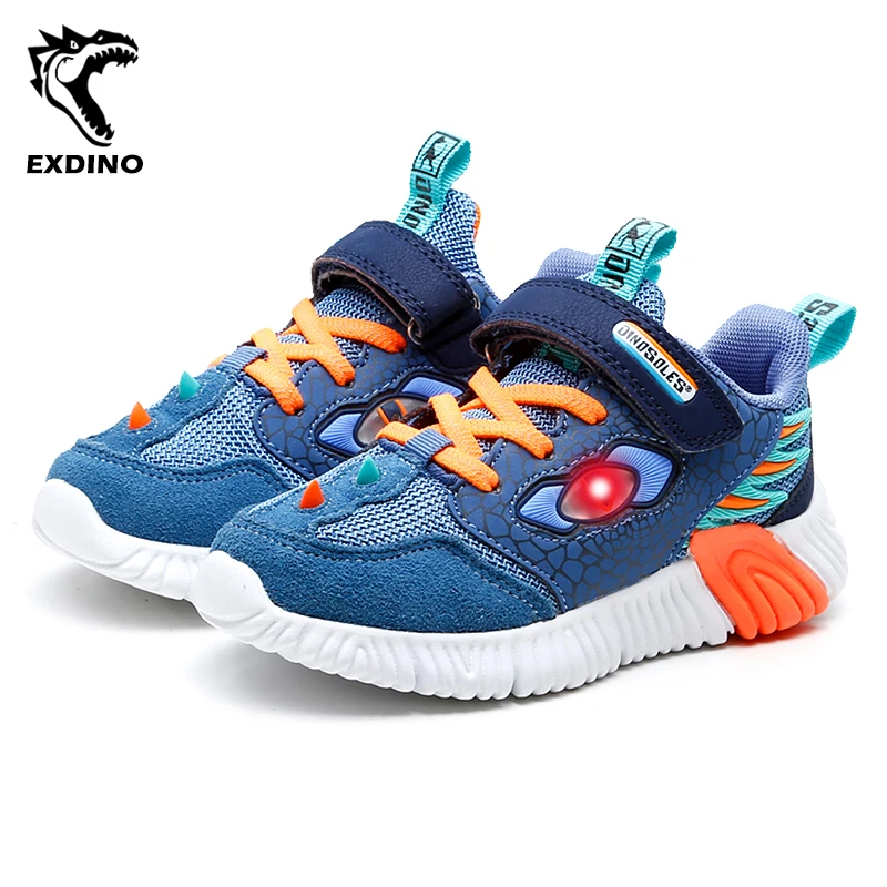 

EXDINO Весенняя детская обувь для мальчиков со светодиодной подсветкой сетчатые дышащие детские кроссовки с мигающим глазом для улицы повседневные светящиеся спортивные кроссовки