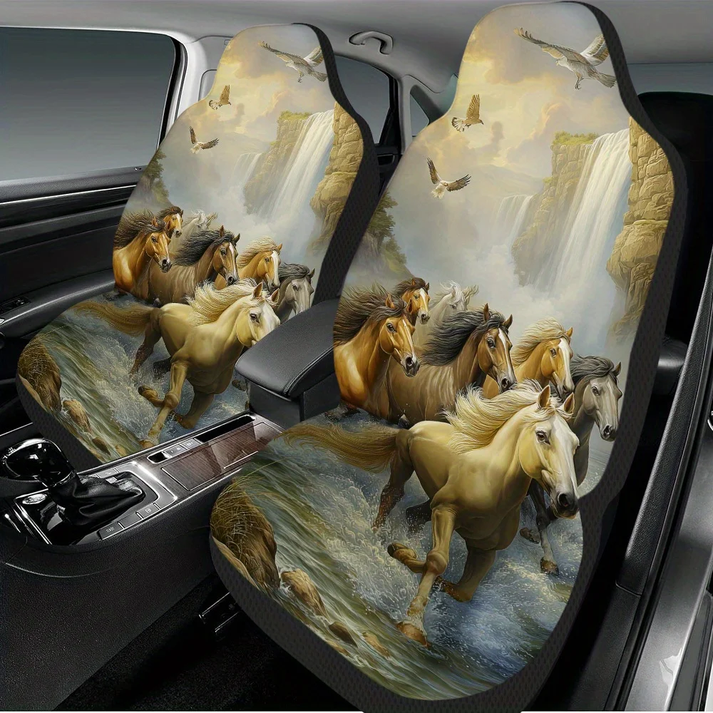 2pcs Horses Galloping Through Water Car Seat Covers, Front Seat Protectors For Cars, Trucks, SUVs, Sedans, Safe And Durable For