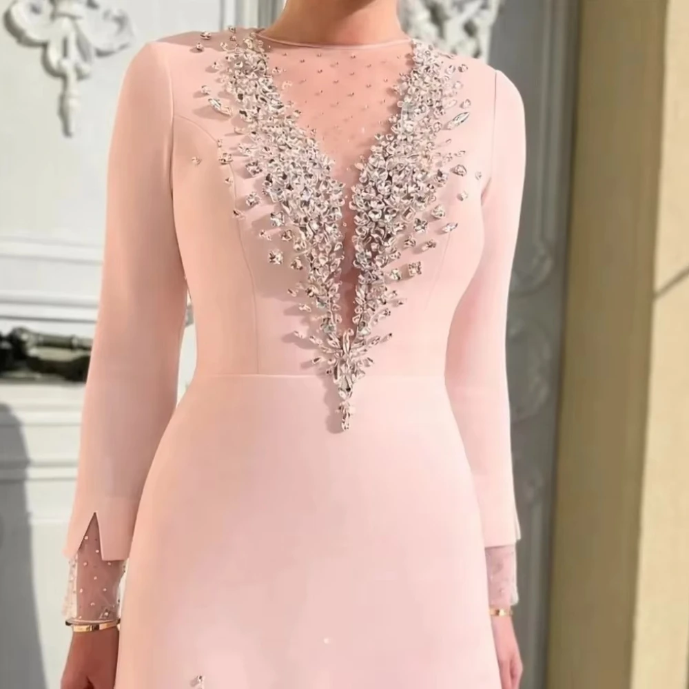 Customized Blush Pink A‑Line Evening Gown Long Sleeve Illusion Neck Silver Rhinestone Beaded Front Sheer Slit Formal Prom Dress