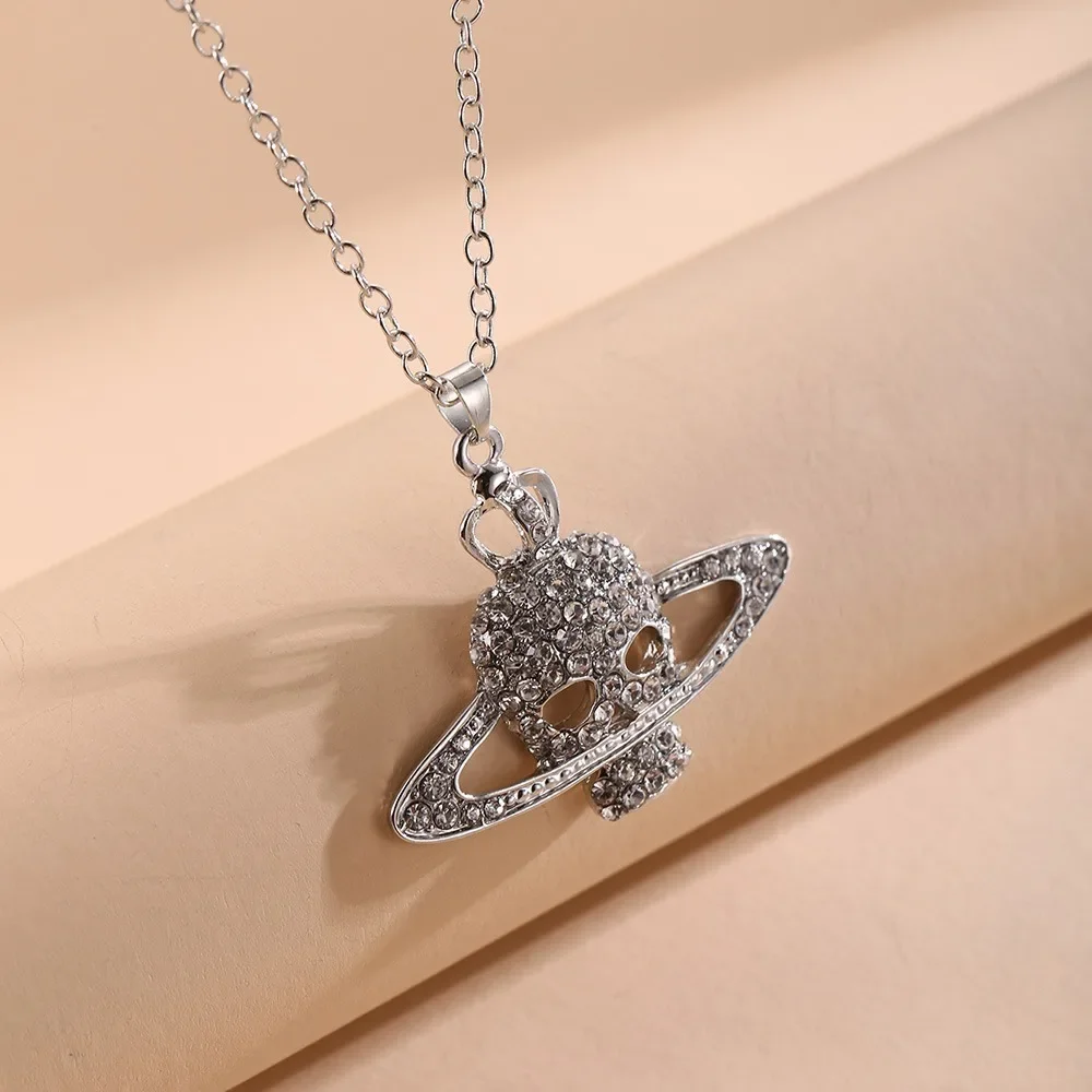 Trendy and Fashionable Rhinestone Skull Cross Saturn Couple Pendant Necklace for Women and Men Versatile New Street Jewelry