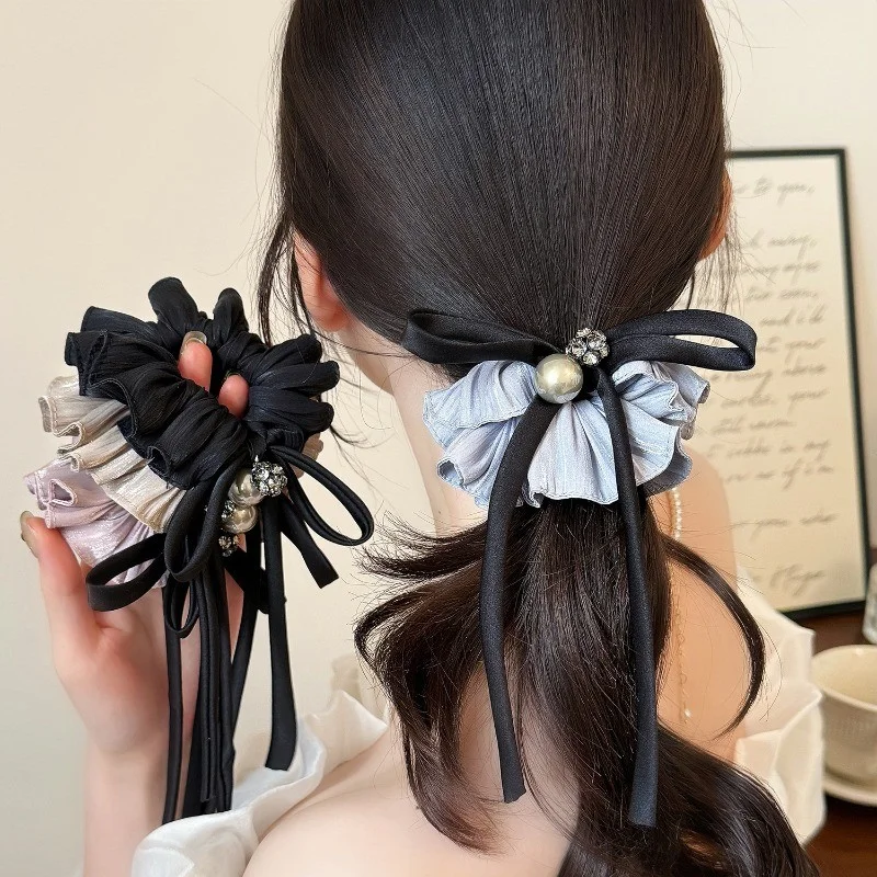simplicity Pleated Fabric Hair Rope for Woman Elegant Pearl Bow Tassel Hair Rope Fashion Girl Does Not Hurt The Ha