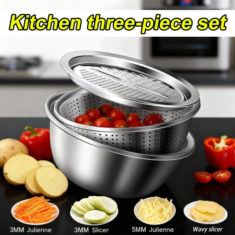 

Многофункциональный инструмент для обработки овощей из нержавеющей стали для домашнего использования: 3-в-1 (резка, измельчение, мытье, фильтрация овощей)