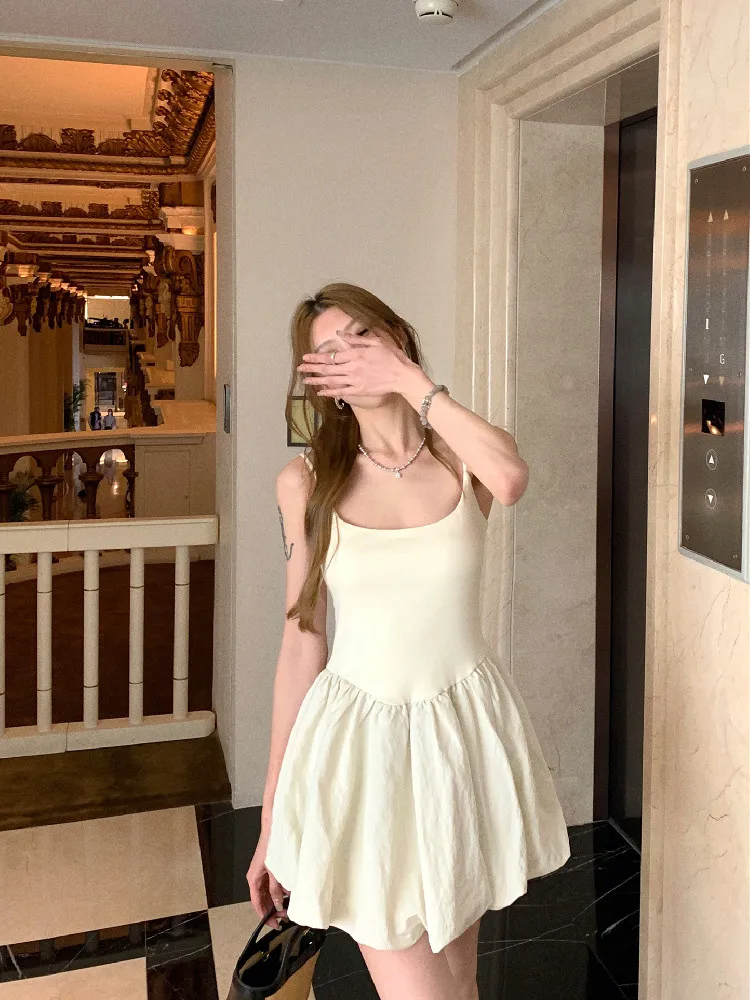 ผู้หญิงฤดูร้อน Party Suspender Bubble Dress Lady Ruched มินิเดรสหญิงคลาสสิกชุดวันเกิด