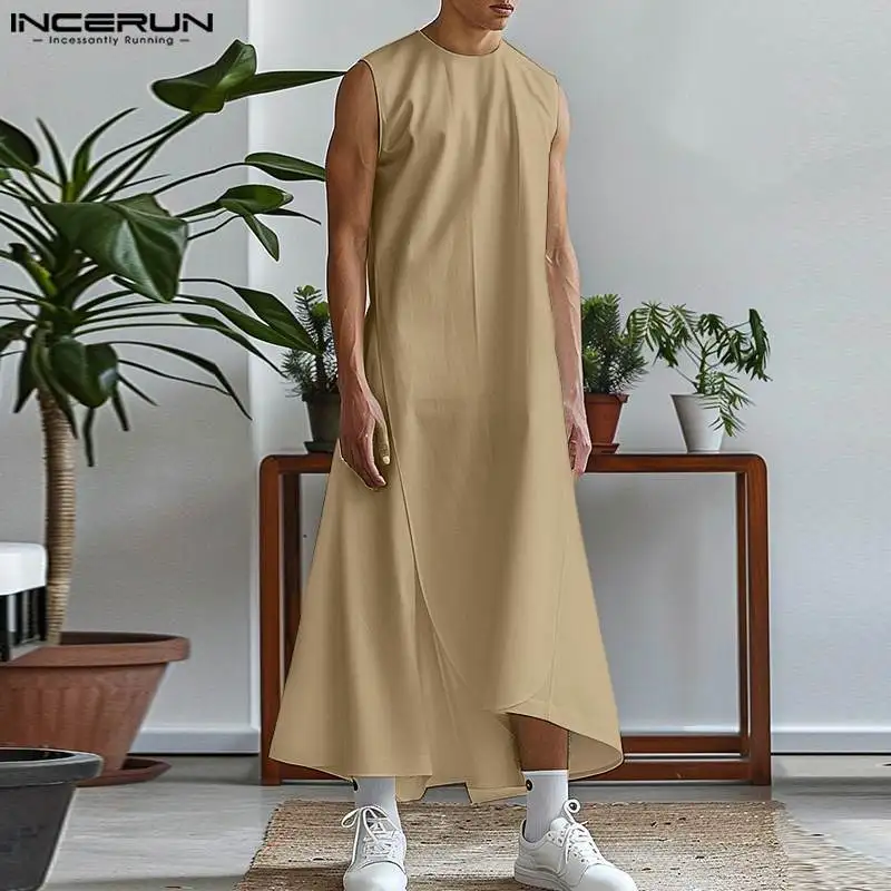 2024 Men Muslim Jubba Thobe Solid Color O-neck Sleeveless Islamic Arabic Kaftan Casual Male Caftan Middle East Robes INCERUN