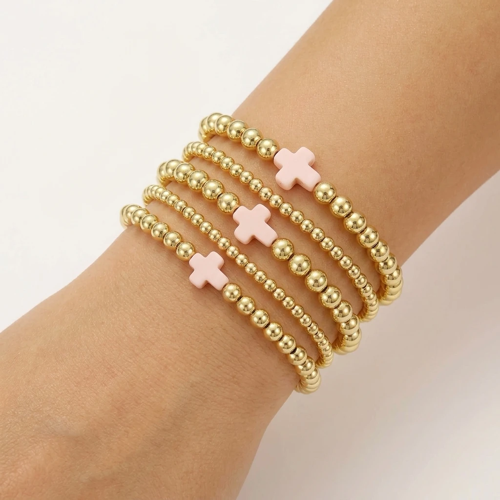 

Набор из 5 медных браслетов с богемными крестами и бусинами на резинке для женщин