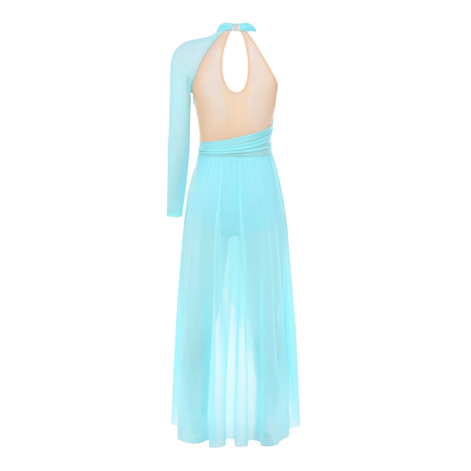 Women Lyrical Gymnastics Jazz Dance Dress 3D Applique Embroidery Keyhole Back Irregular Hem Button Crotch Asymmetrical Bodysuit