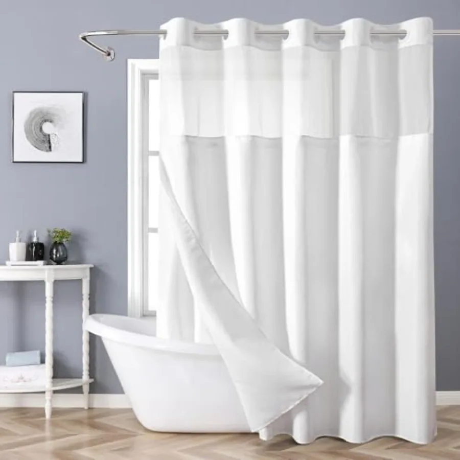 

Extra Long No Hooks Needed Linen Textured Shower Curtain with Snap-in Fabric Liner Set, White Hotel Luxury Decor Shower Curtain