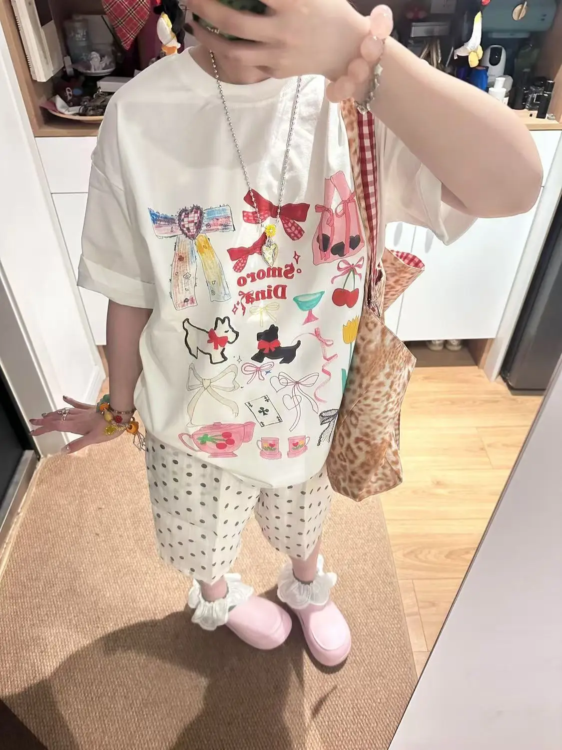Cute Puppy Dog Bow Printed Kawaii Clothes Y2k Aesthetic T-shirt Women Clothing Short Sleeve O-neck Korean Japanese Tees Summer