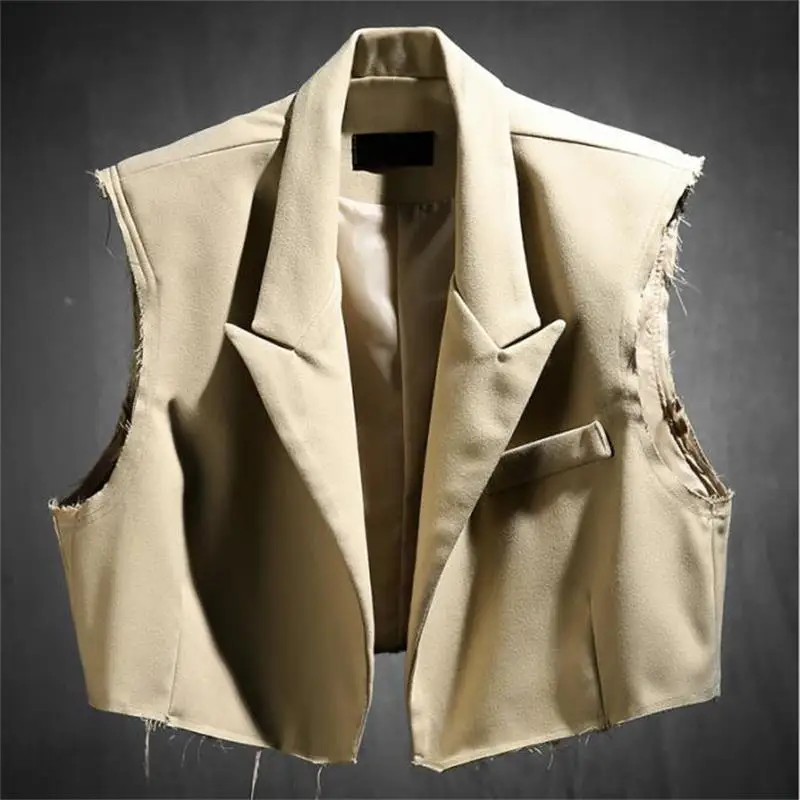 Mens Furred Edge Done Old Casual Vest Korean New Plus Size Short Jacket Personality Solid Color Loose Coat Male Lapel Suit Vests