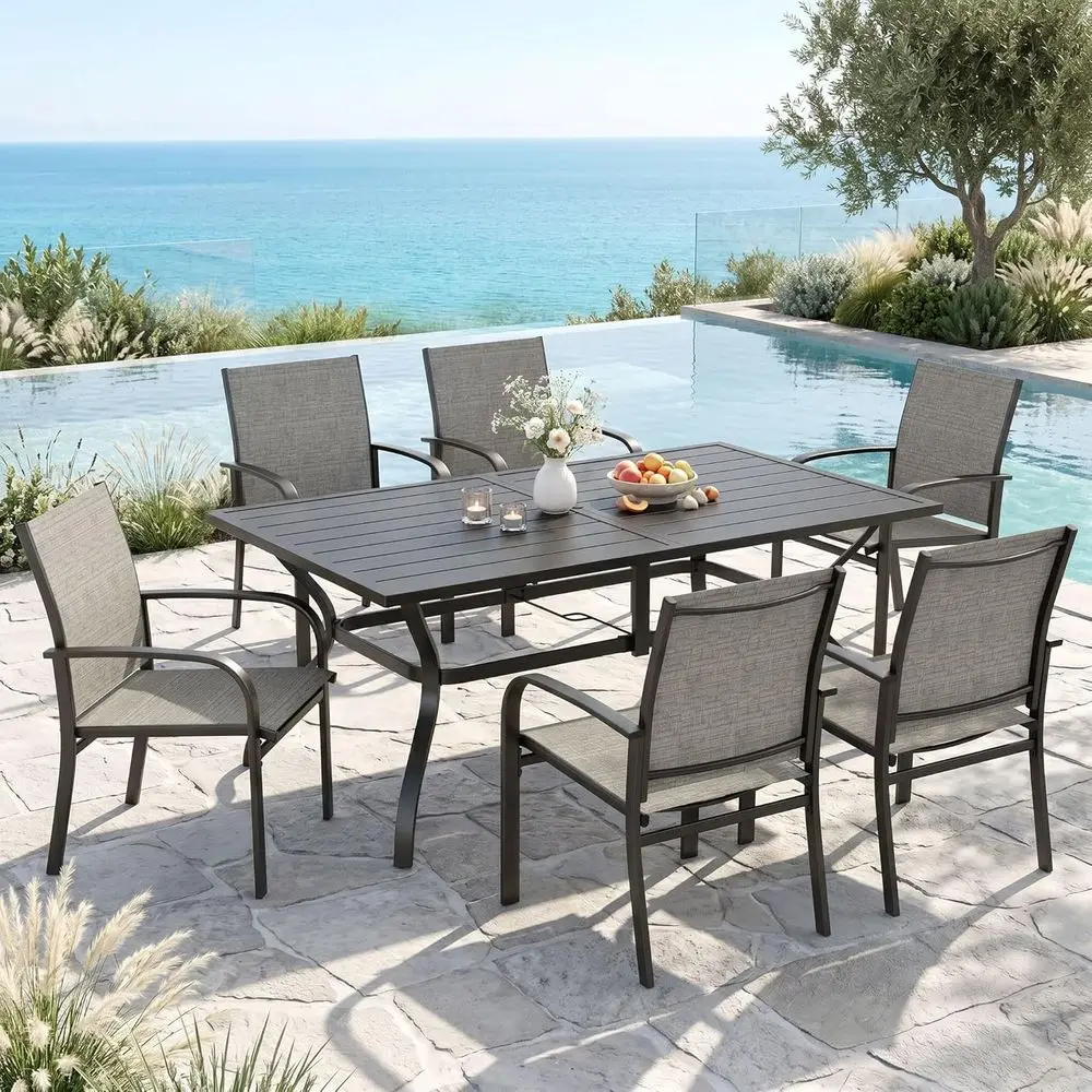 

6-Piece Outdoor Dining Set with Brown Chairs and Metal Rectangular Table for Patio, Deck, or Poolside