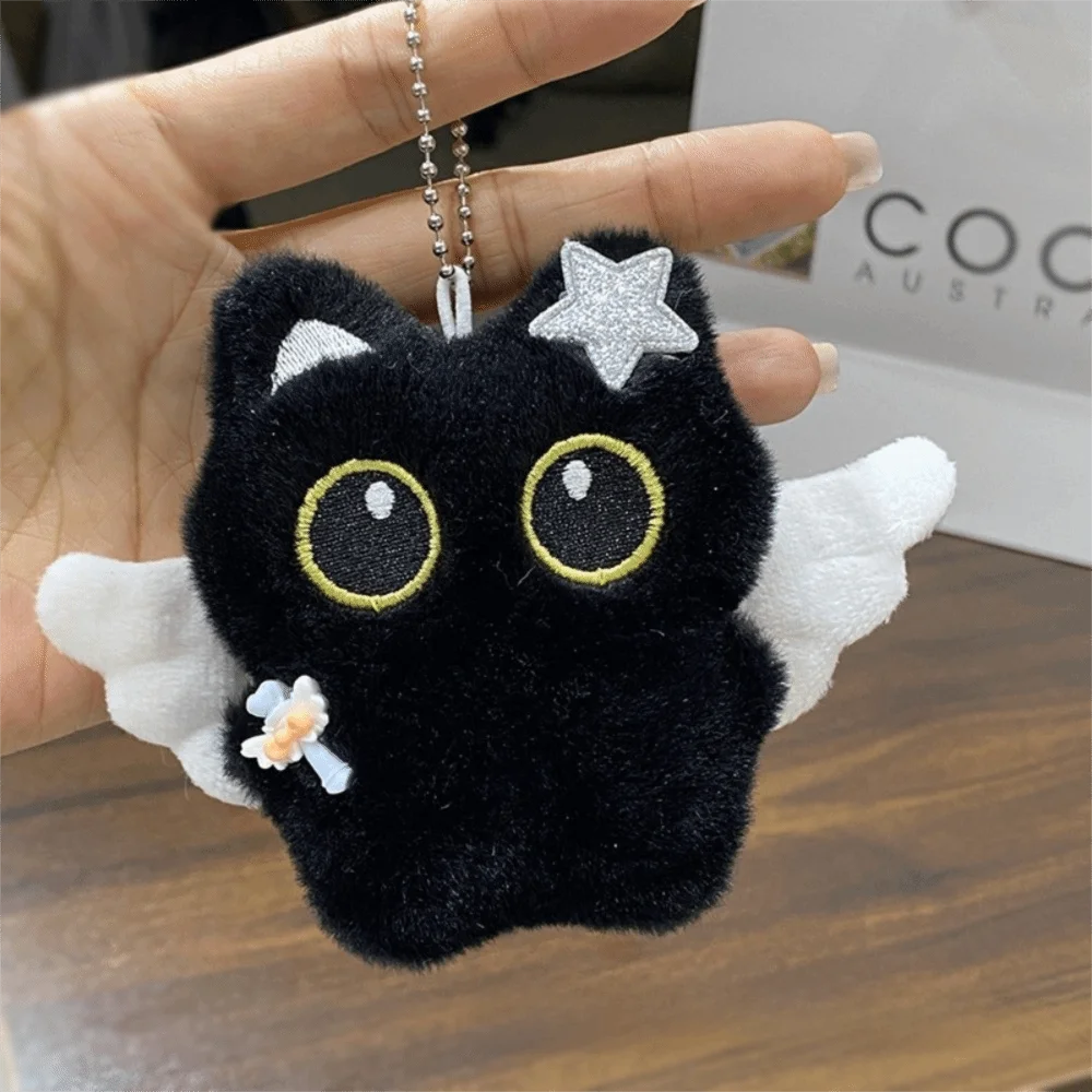 Niedlicher Engel, schwarze Katze, Plüsch-Schlüsselanhänger, Sternflügel, Tasche, Herzkette, Auto-Schlüsselanhänger