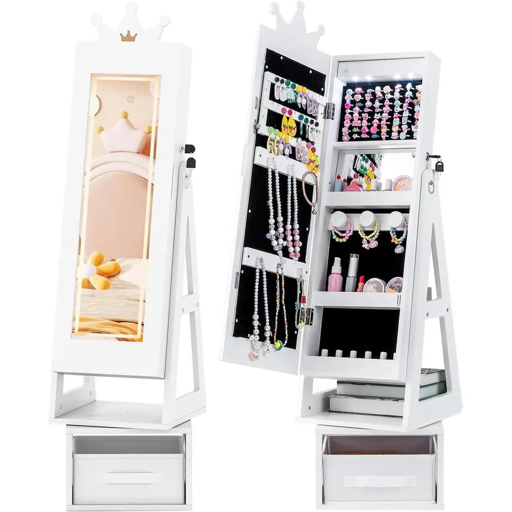 

360° Swivel Mirrored Jewelry Cabinet with Storage, Adjustable Lighting, and Lockable for Girls (White)