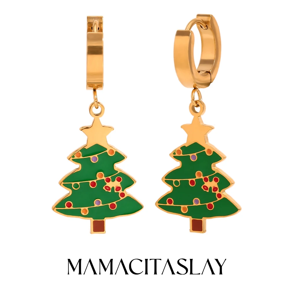 

MamacitaSlay Christmas Tree drop earrings gold plated Hoops stainless steel jewelry woman Waterproof High quality fine jewelry