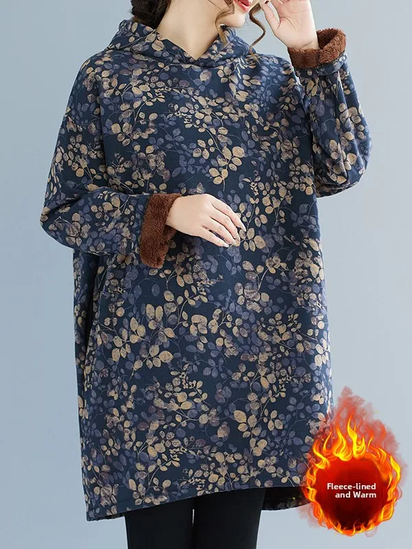 เสื้อฮู้ดผ้าฝ้ายลินินพิมพ์ลายชาติพันธุ์สำหรับฤดูใบไม้ร่วงและฤดูหนาว ไซส์ใหญ่ ทรงหลวม ความยาวปานกลาง บุซับในอุ่นสบายสำหรับผู้หญิง