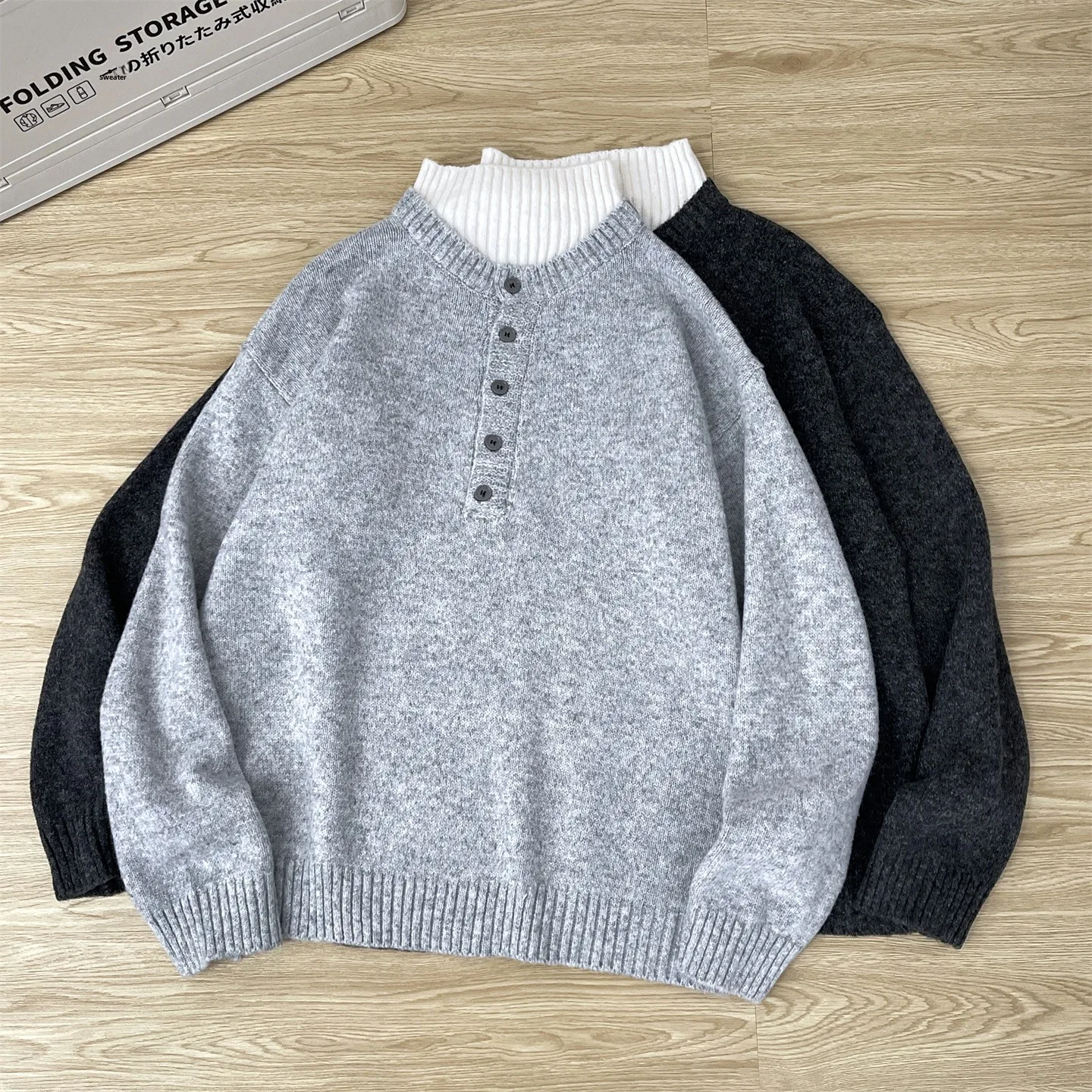 

Мужской вязаный свитер свободного кроя с пуговицами, воротником Хенли, для ношения под одеждой, повседневный, с длинным рукавом, из теплой мягкой ткани, весна-осень