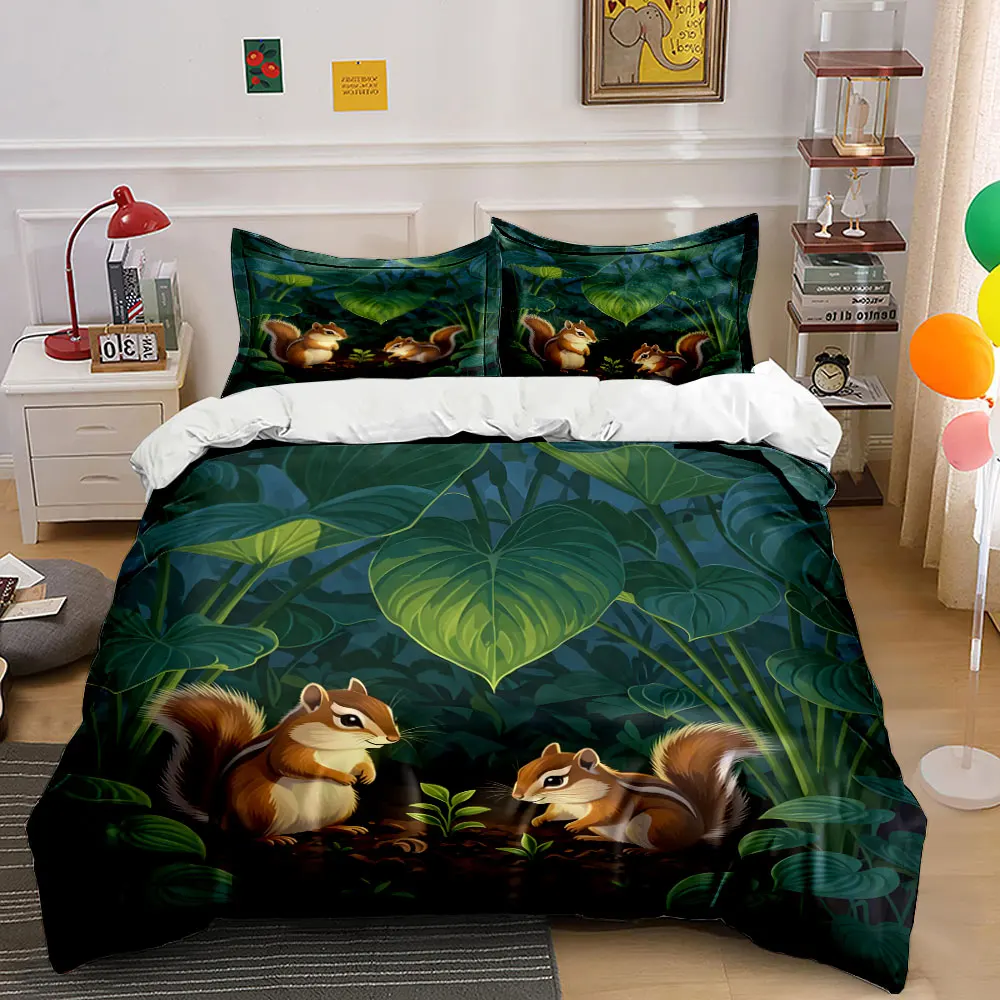 Squirrels guarding sprouts in forest Printed Duvet Cover Set 1 Duvet Cover+2 Pillowcase Multi Size Bedroom Bedding Decoration