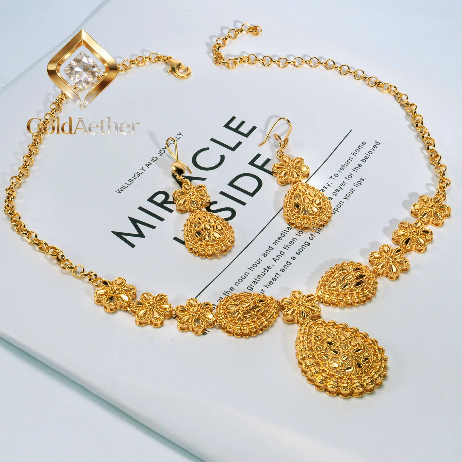 

GoldAether 9999 24K real gold Bridal Necklace Earrings two-piece India Dubai Jewelry drop shaped sarcopenia jewelry set