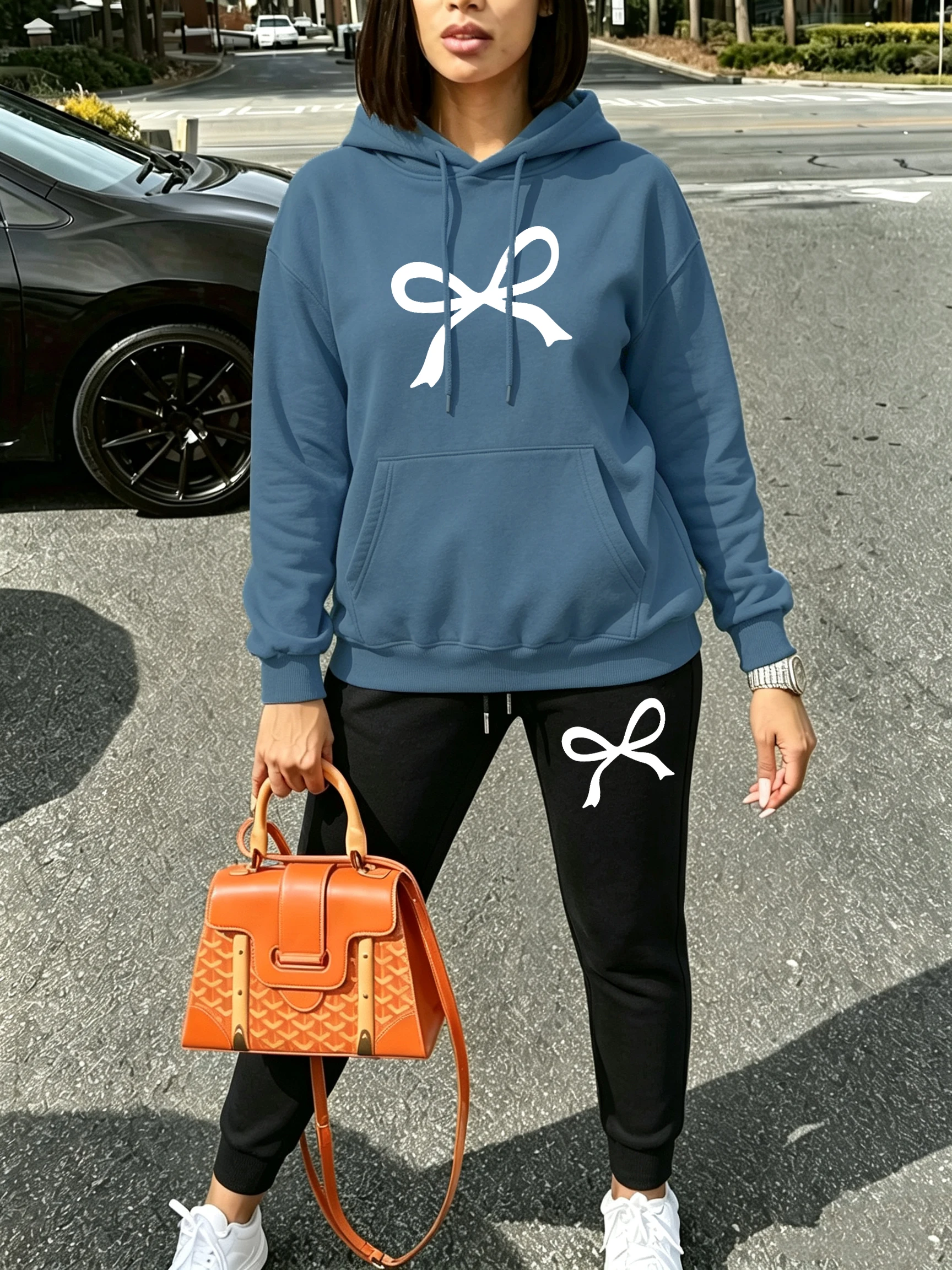 Creative Kawaii Bow Design Y2K Women'S Hoodie Set Autumn Drawstring Sportswear Fleece Pullover Casual Loose Female Sweatpants