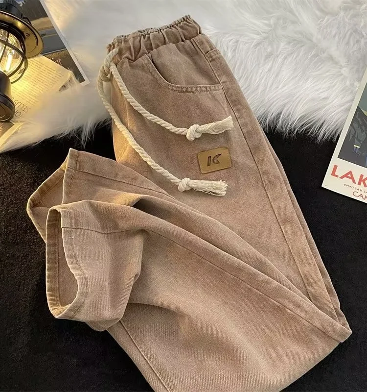 

Американские винтажные свободные прямые джинсы High Street, мужские джинсовые брюки с эластичной резинкой на талии, модные повседневные длинные брюки