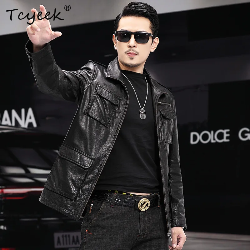Tcyeek Real Leather Jacket Men Clothing 2026 Natural Cowhide Mens Coats Trendy Spring Autumn Coat Multi-pocket Thin Style 가죽점퍼