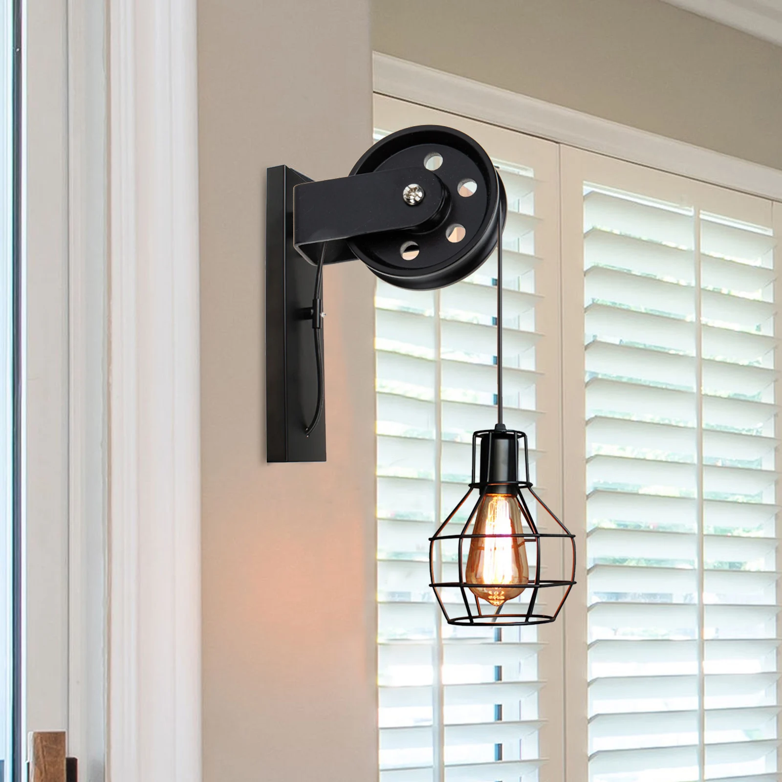 

Retro Black Pulley Wheel Minimalist Design for Wall Lamps and Pendants Outdoor Indoor Decor 120cm Cable Pulley