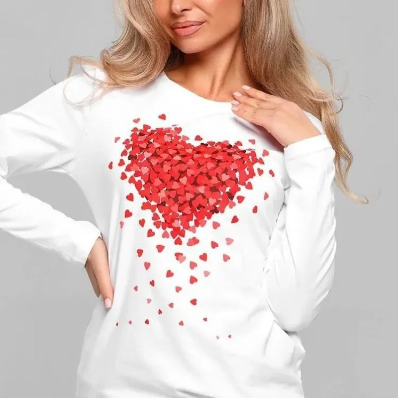 Cienka bluza damska z długim rękawem, 100% bawełna, słodka, estetyczna, czerwona, urocza, z nadrukiem serca, top Y2K, duży rozmiar.