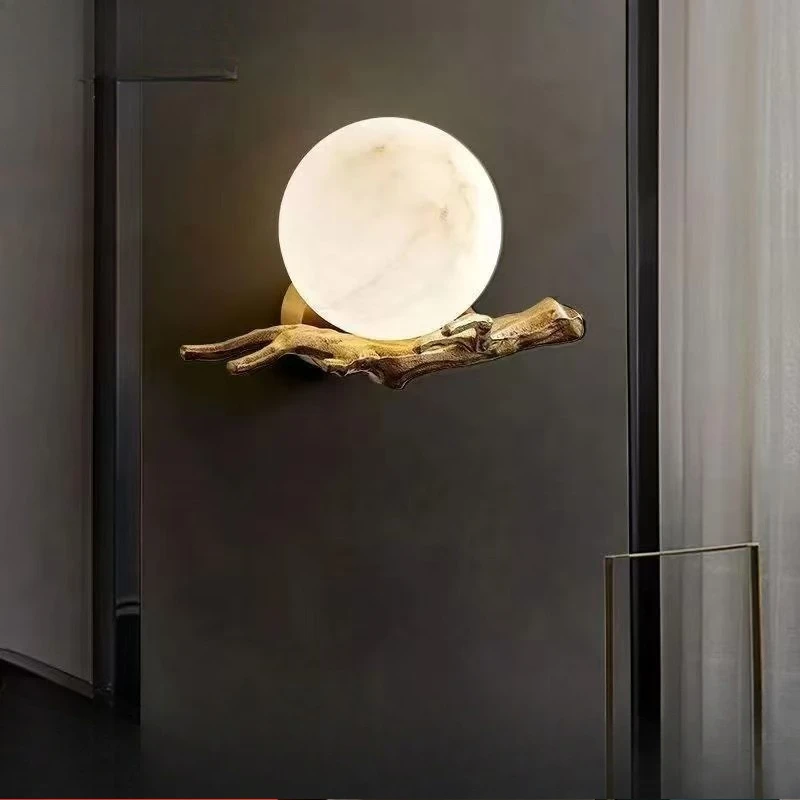 Light luxury new Chinese-style all-copper marble wall lamp creative design art high-end living room bedside lamp