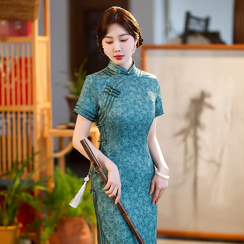 

Yourqipao Summer Silk Satin Green Long Cheongsam Fashion Elegant Soft Qipao Traditional Chinese Clothing Evening Dress for Women