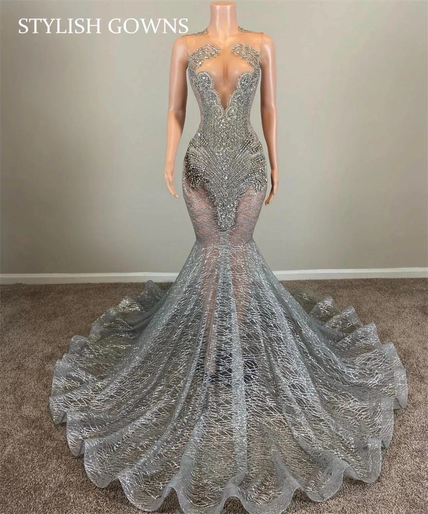 Silver O Neck Long Prom Dresses For Black Girls Beaded Crystal Rhinestone 2024 Birthday Luxury Dress Mermaid Graduation Gown