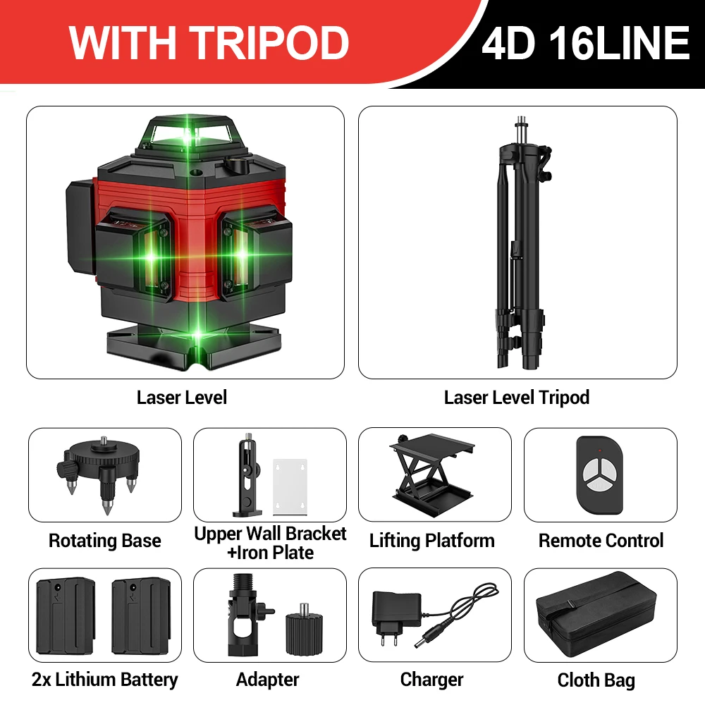 4D 16 Linien Laser Level 360 ° Selbstausgleichendes rotierendes vertikales horizontales Nivelliergerät mit 2 wiederaufladbaren Batterien und Stativ